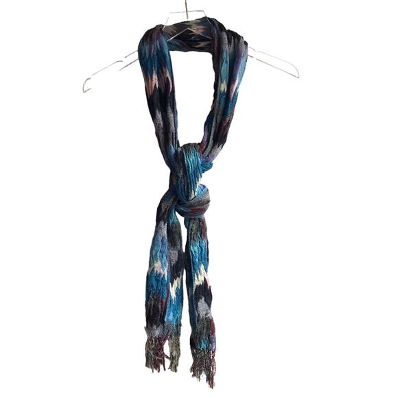 Blue Zig Zag Knit Scarf Fringed Marled Rectangular Wrap - Picture 12 of 14